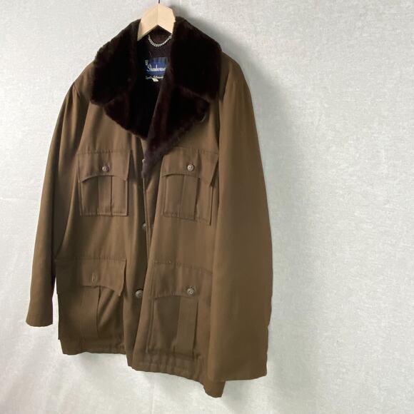 Vintage Shanhouse Mens Canvas Barn Coat Size 44 Chore Jacket Faux Fur Lined Belt - Picture 3 of 13